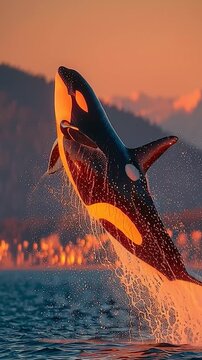 Vertical video orca whale breaching at sunset with a fiery orange glow