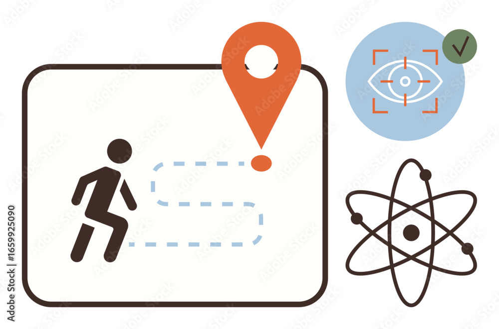 Poster person heading toward location with path marker, eye scan for recognition, atomic model for science.