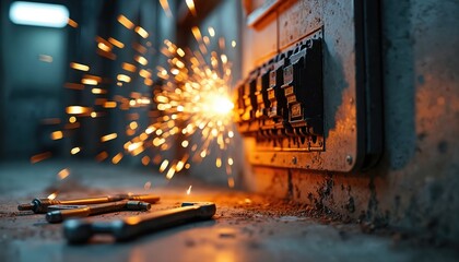 Malfunctioning circuit breaker with sparks, power surge, electrical hazard. Damaged fuse panel requires urgent repair, safety check. Electrician tools near faulty equipment at risk of short circuit,