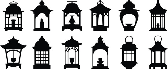 Decorative lantern silhouette collection, assorted styles with domes, arches, intricate patterns, black vector illustration for lighting, architecture, festival, cultural decor, holiday