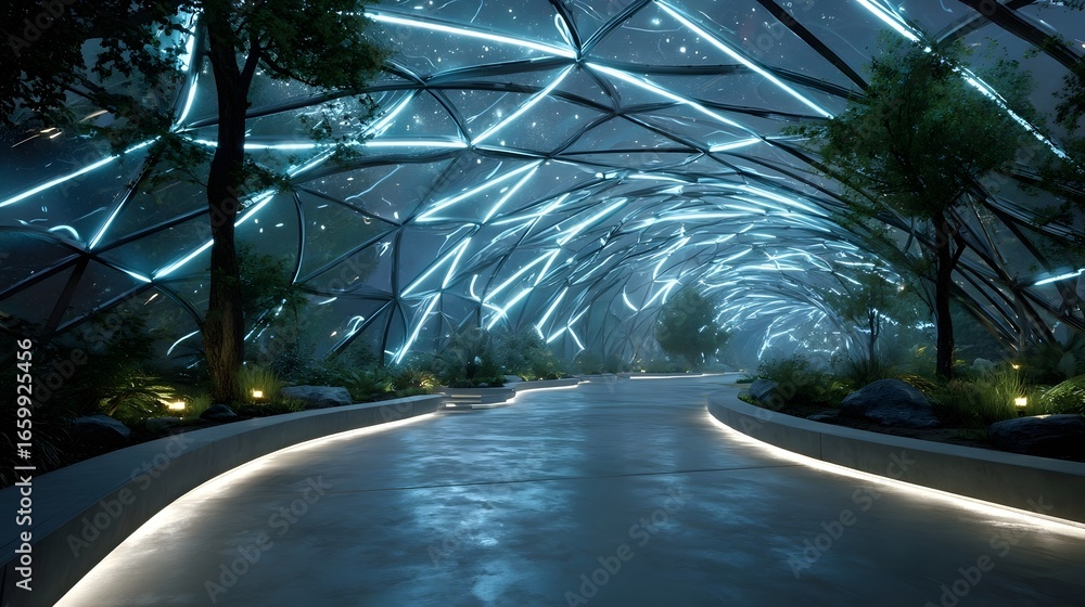 Poster A captivating futuristic style walkway illuminated by intricate lighting structures surrounded by lush greenery in a serene otherworldly setting