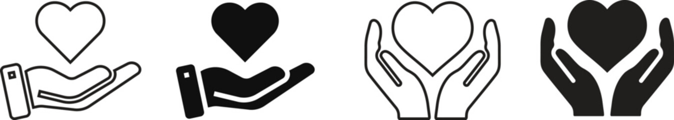 Heart in hand icon set.Donation and giving aid concept , Hands holding heart icon.Love icon. Health, medicine symbol. Healthcare hands holding heart flat and line style - stock vector.