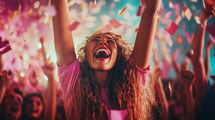 Exuberant young woman with curly hair laughing joyfully, arms raised, surrounded by shower of pink confetti at lively celebration event with cheering crowd