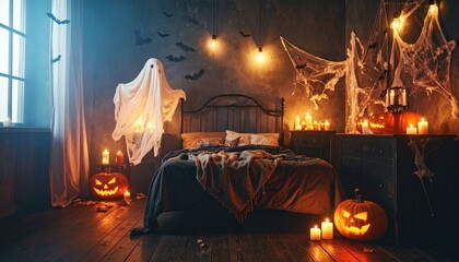 Halloween pumkin in bulding, A cozy autumnal scene a living room with a fireplace, a window, a comfortable couch, bathed in warm, A fireplace with burning fire, drawing attention.