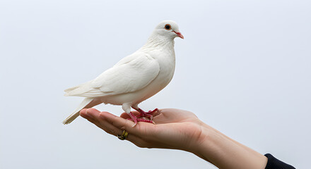 Obraz premium A pure white dove delicately perched on a gently cupped hand, its red feet adding a touch of color to the scene