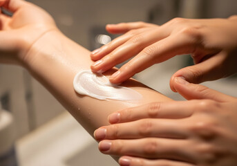 Applying moisturizer to arm for skin care and hydration in bathroom.