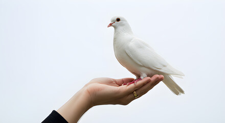 Obraz premium A serene dove resting gently on an outstretched hand, a symbol of peace and hope. Its pure white feathers gleam against the sky.