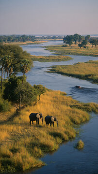 Elephants Roaming River Wildlife Africa Nature Adventure Scenic Grasslands Wetlands Safari Mammals Footage Lush Tranquil Eveninglight Sunlight 