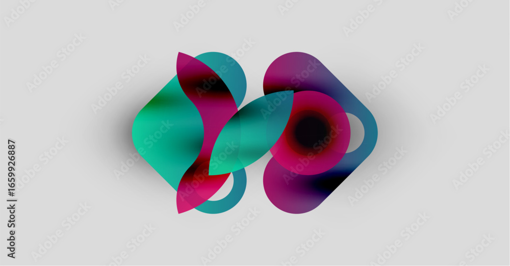 Poster abstract colorful shapes overlap, creating dynamic visual effect. soft gradients blend turquoise, pu