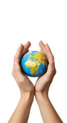 Two hands tenderly cradle a miniature globe, symbolizing care and conservation of our planet
