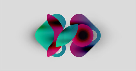 Abstract colorful shapes overlap, creating dynamic visual effect. Soft gradients blend turquoise, purple, black hues. Minimalist design.