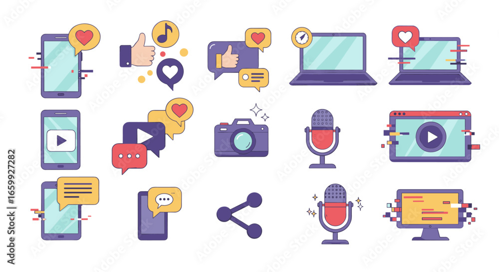 Poster modern communication and media icons in flat style for digital interaction concepts