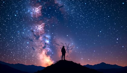 Fototapeta premium a solitary figure standing atop a hill, gazing at the starlit cosmos, full of mysteries and wonder