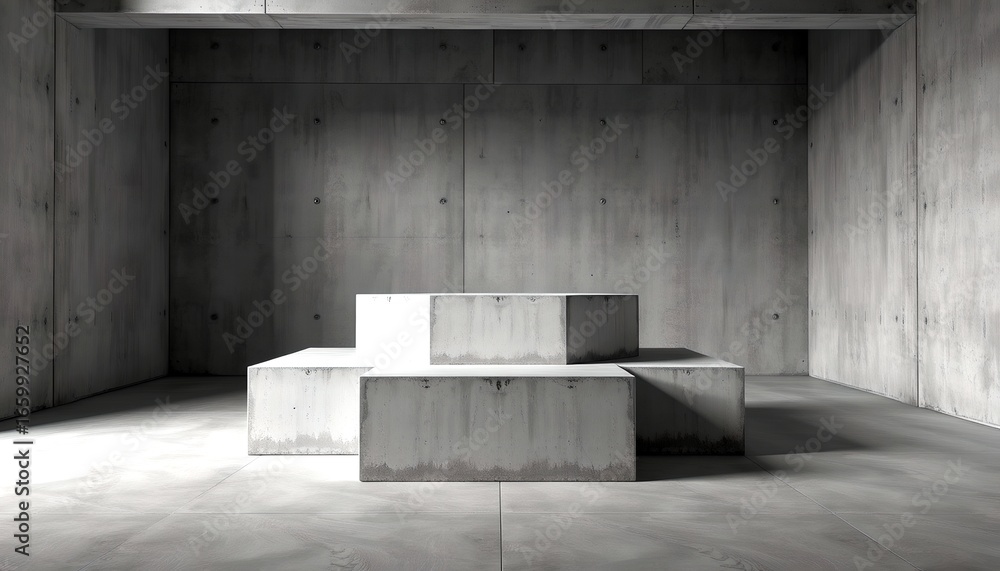 Poster minimalist concrete structure, featuring stacked cubic platforms in a spacious, modern setting