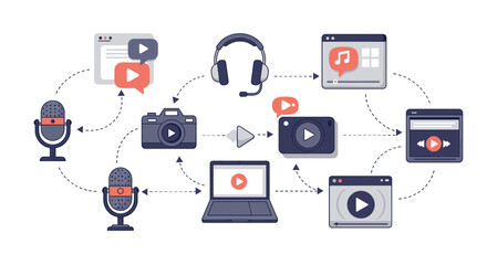Flat media production workflow with audio and video equipment icons