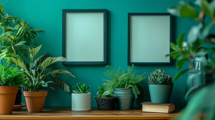 Lush green houseplants in diverse pots arranged on wooden shelf against vibrant teal wall with two minimalist blank frames, creating refreshing indoor botanical display