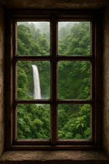 A lush jungle waterfall viewed through an old rustic wooden window frame, blending nature’s raw beauty with earthy indoor tones.

