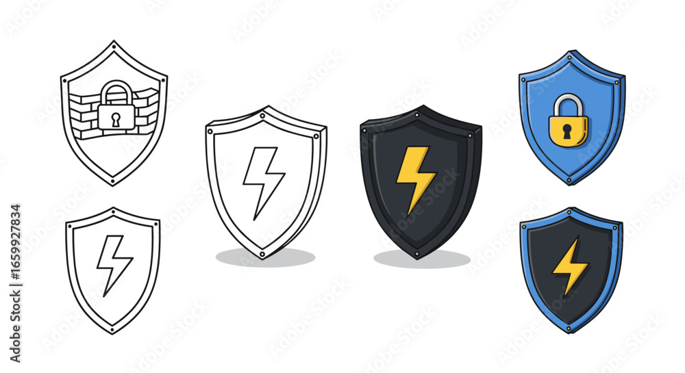 Poster set of shield icon designs with lock and lightning patterns for security themes