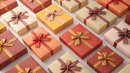 Abstract shopping concept with neatly arranged gift boxes in warm tones, viewed from above.
