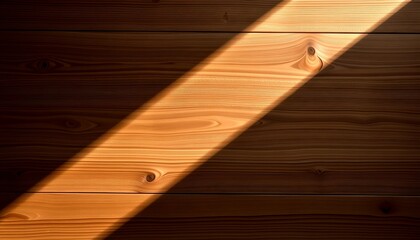 diagonal sunbeam of light on wooden wall, creating a captivating interplay of light and shadow. The sunlight accentuates the grain of the wood, revealing its natural beauty