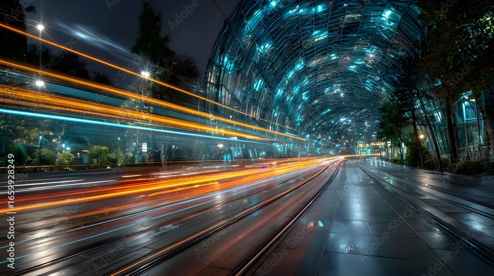 Poster a captivating scene of a futuristic tunnel in a bustling city with vibrant lights and blurred traffi