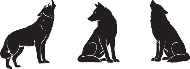 Three Wolf Poses: Howling, Waiting Sit, Silhouette Vector