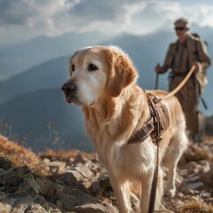Golden retriever guide dog in mountains, service dog helping blind person, loyal assistance animal outdoors