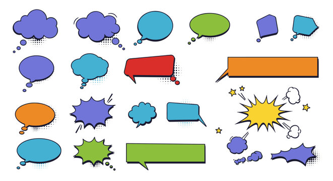 Colorful comic style speech and thought bubbles with pop art elements