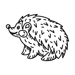 Cute spiky hedgehog doodle drawn by hand. Animal living in forest. Animals in nature. Graphics, engraving, shading. Drawing in black ink, marker, liner for designing postcards. Picnic, tourism, hiking
