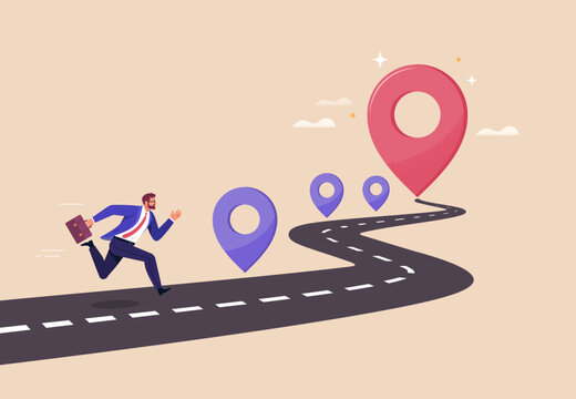 Business Way Concept. Vector cartoon illustration of a businessman in a suit running along a road with different tasks and steps towards a final location at the end.
