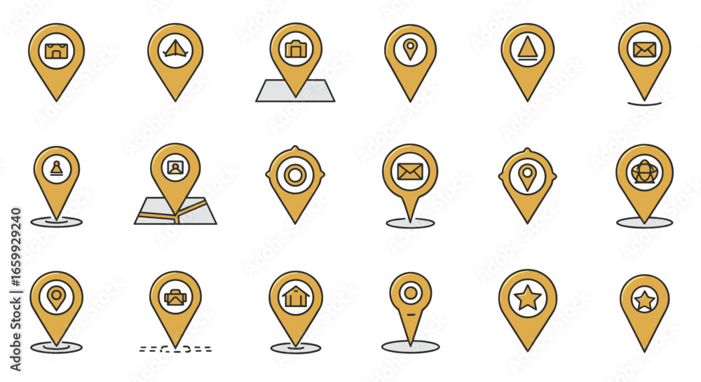 Poster set of yellow map pins with icons for navigation and location marking