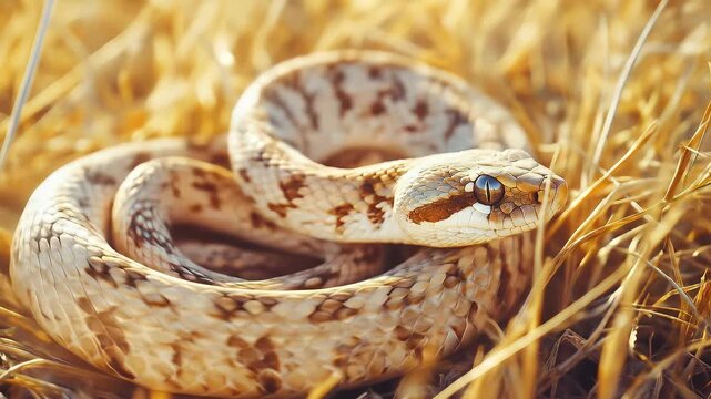 A dangerous snake, a pattern-scaled reptile, rests coiled in dried grass, exhibiting nature's camouflage. It's a glimpse into the life of wildlife.