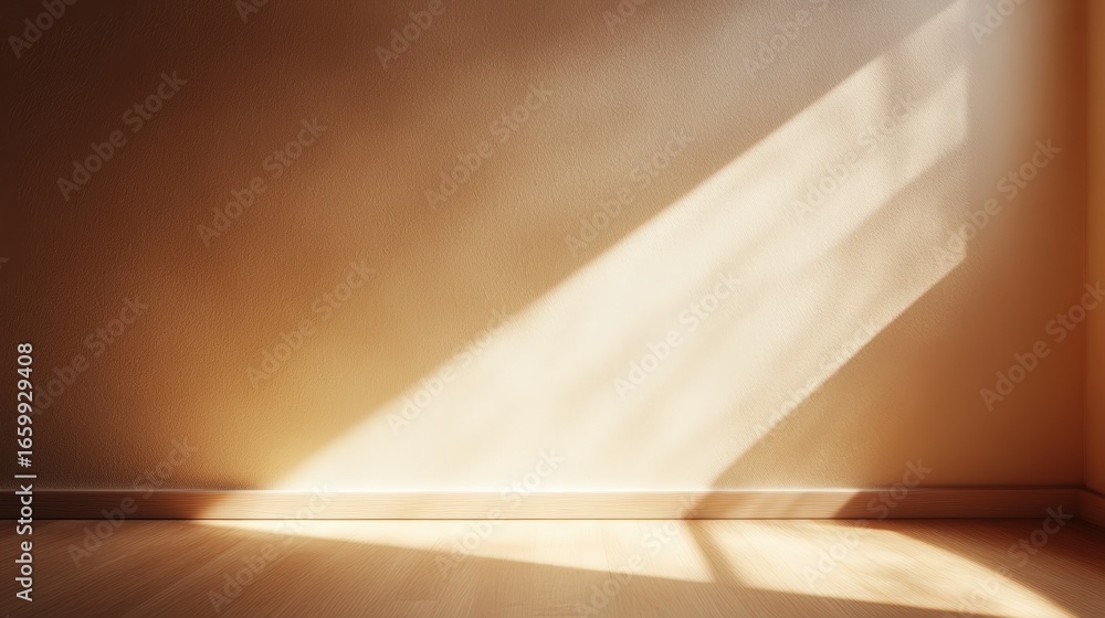 Aufkleber sunlight streams through a window, casting warm, diagonal rays on a bare wooden floor and beige wall