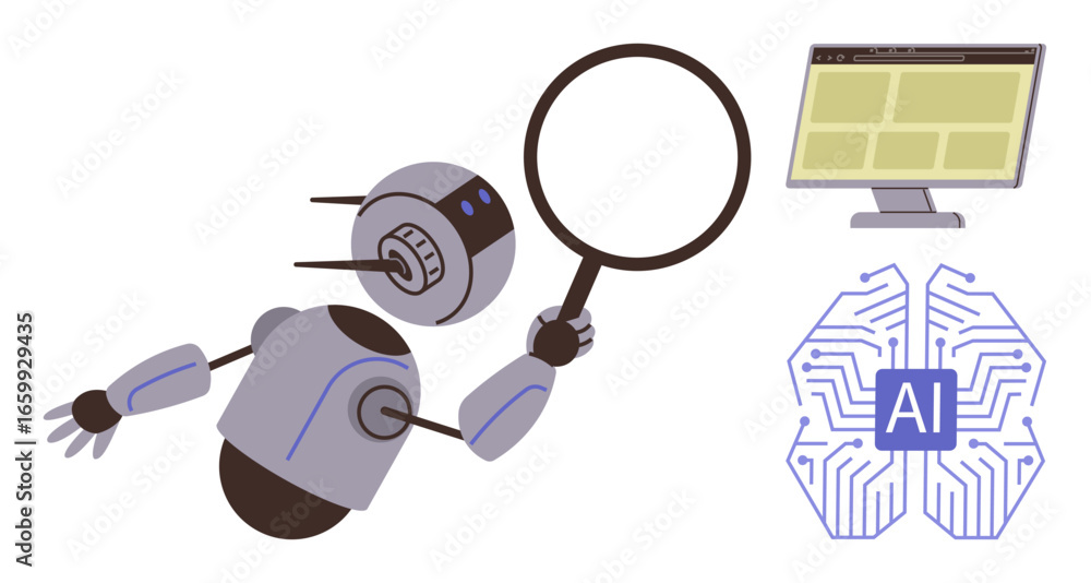 Poster robot using magnifying glass to examine data on screen, with a digital ai brain icon. ideal for arti