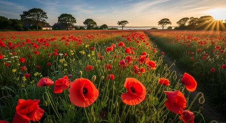 Fototapeta premium A Vibrant tapestry of scarlet poppies swaying gently beneath the warm embrace of the golden hour sun