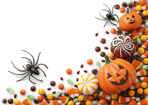 Halloween candy and pumpkins with black spiders arranged on a white background trick or treat - Powered by Adobe