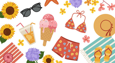 Summer essentials pattern: beachwear, ice cream, and floral elements