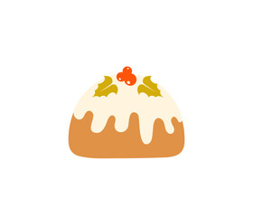 Cute Christmas pudding with holly berries isolated on white background. Traditional Christmas and winter holiday dessert. Vector illustration