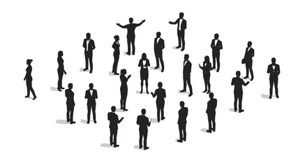 Silhouettes of people in business attire engaged in conversation