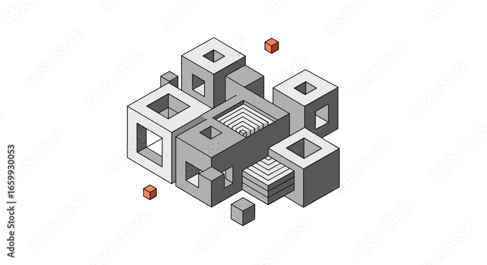 Poster isometric geometric 3d shapes with abstract architecture design
