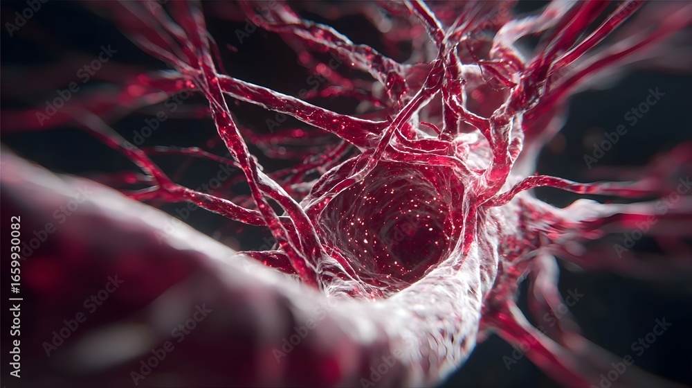 Poster a close up abstract view of a microscopic network of red glowing cells or fibers resembling a comple