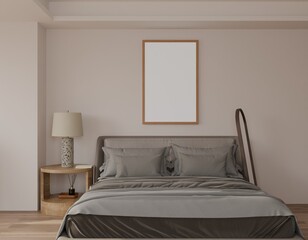 A minimalist bedroom features a large bed with grey linens, a wooden side table with lamp, and a...