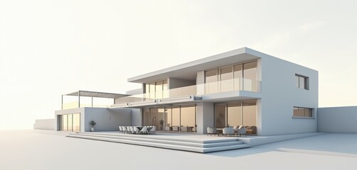 Modern architectural illustration minimalist villa with clean lines, large glass windows. Features outdoor dining area with table, chairs, plus patio with lounge seating. Design emphasizes open-plan