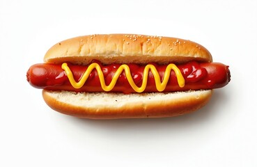 Delicious hot dog with ketchup, mustard isolated on white background. Classic american fastfood meal on sesame bun with grilled sausage. Top view flat lay of tasty snack with zig-zag mustard. Food