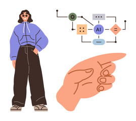 Young individual in casual attire next to AI flowchart diagram and a pointing hand gesture. Ideal for education, technology, innovation, AI, human connection, decision-making, creativity. Fun simple