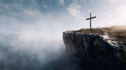 Cross on a cliff s edge a symbol of a spiritual journey