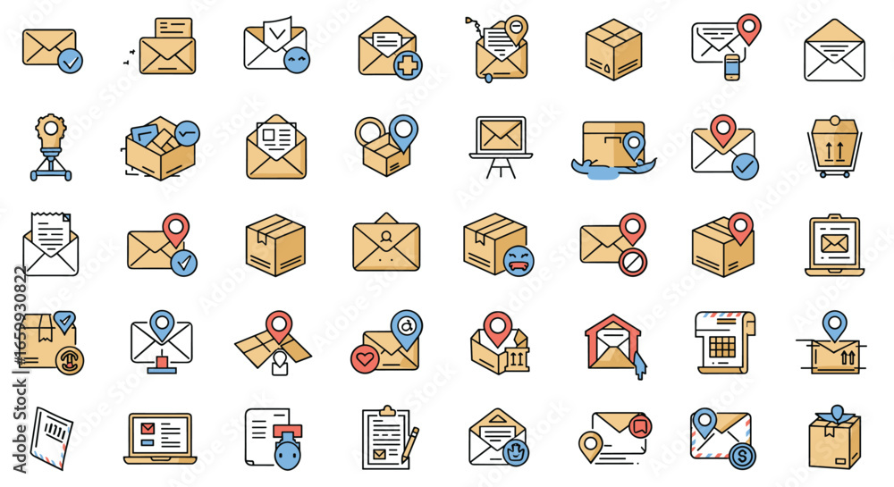 Poster flat style mail and delivery icons with tracking and package symbols for logistic and communication 