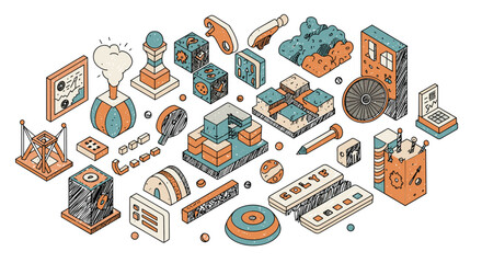 Isometric retro tech elements with playful geometric designs in soft pastel tones