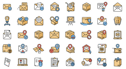 Flat style mail and delivery icons with tracking and package symbols for logistic and communication themes