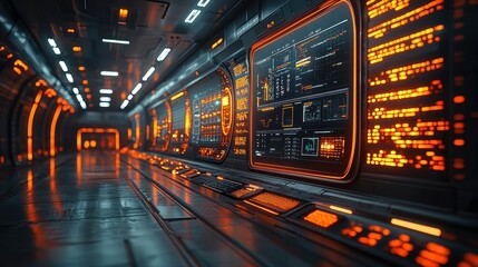 location features sleek corridor illuminated vibrant orange lights and adorned advanced screens displaying data and graphs. high tech atmosphere prevails.
